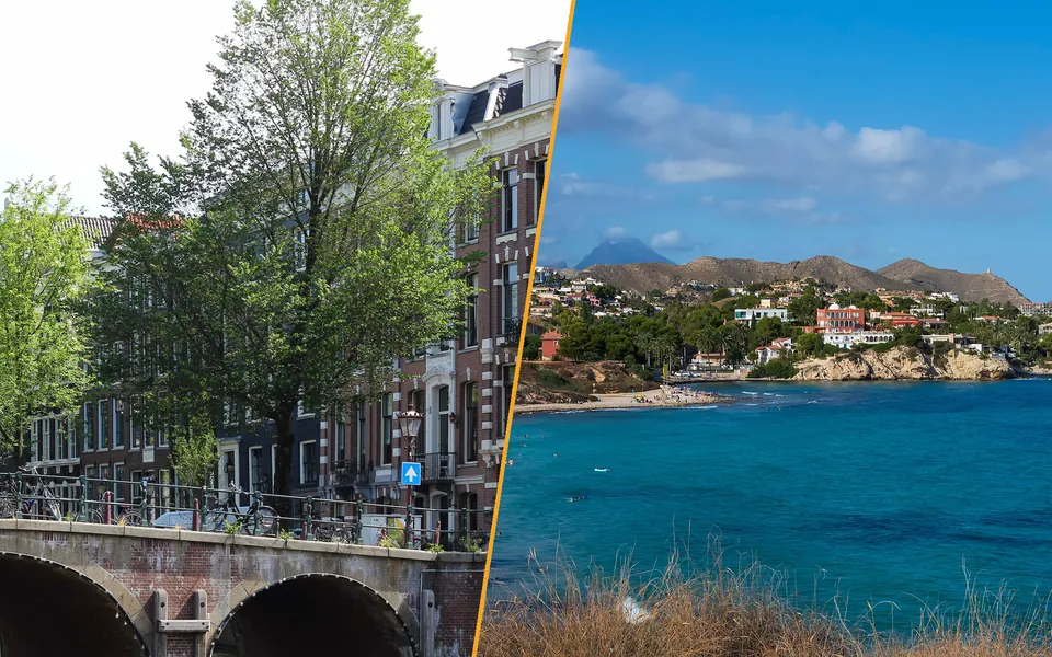 An Amsterdam canal bridge with canal houses on the left, a bay with a white coastal town on the Costa Blanca on the right