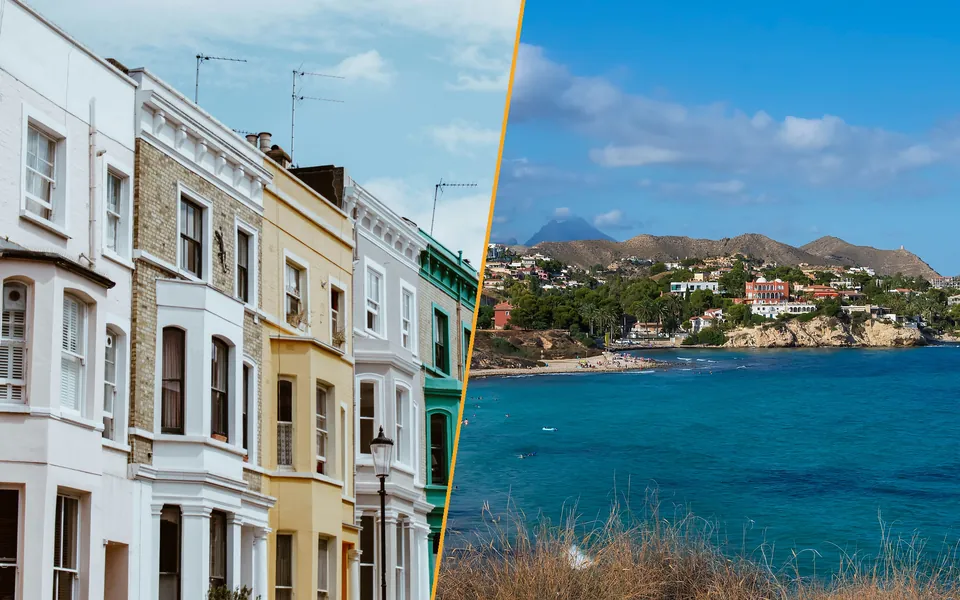 Colourful London terraced houses on the left, a bay with a white coastal town on the Costa Blanca on the right