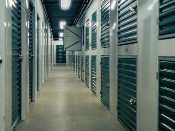 Corridor of a self-storage building with rows of storage units